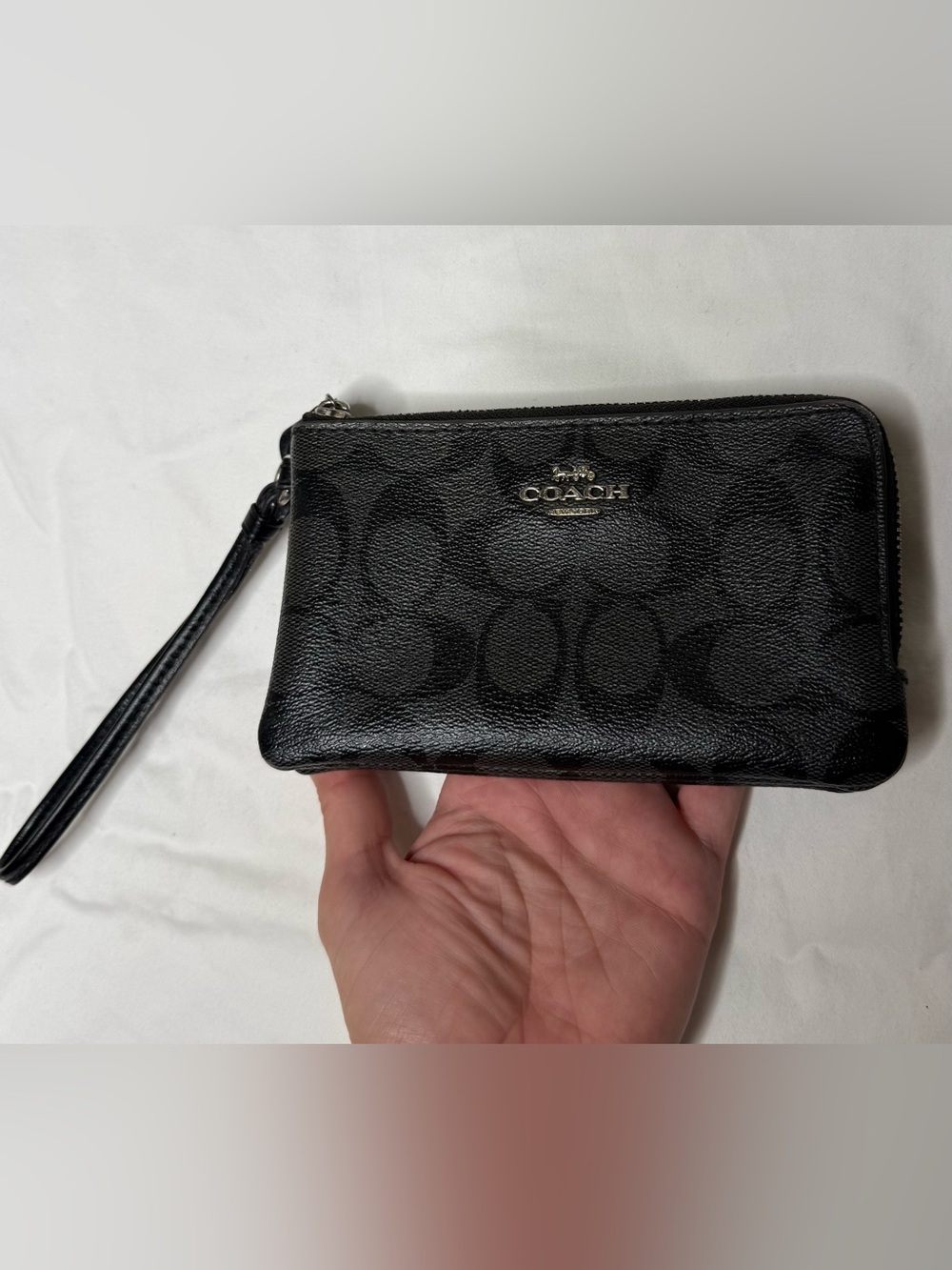 Coach Black Signature C Double Zip Wristlet Silver Hardware Outlet